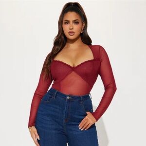 Fashion Nova Burgundy Sheer Bodysuit 3X‎